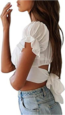 MOJOO Casual Solid Women White Top