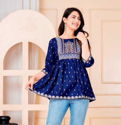 ADHOVASTRAM Casual Printed Women Dark Blue Top
