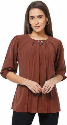GO.4.IT Casual 3/4 Sleeve Solid Women Brown Top