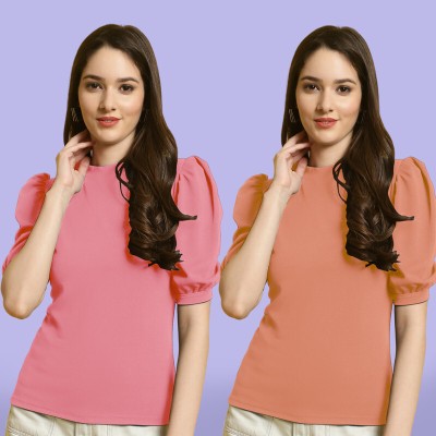 Fabflee Casual Solid Women Pink, Orange Top