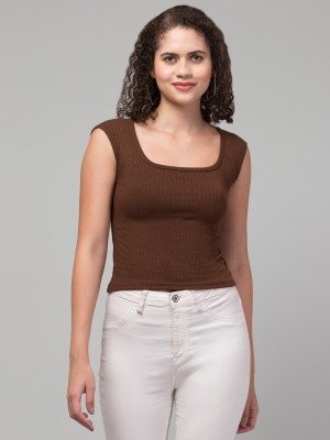 MAUEX Casual Self Design Women Brown Top