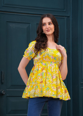 Modak Casual Printed Women Yellow Top