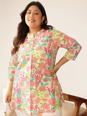 Janasya Casual Floral Print Women Beige Top