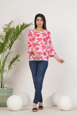 AF Ankita Fashion Casual Printed Women Pink, White Top