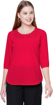 GO.4.IT Casual 3/4 Sleeve Embroidered Women Red Top