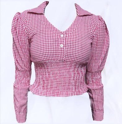 FUKUANGEL Casual Checkered Women Pink Top