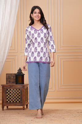 Fyunl Casual Printed Women White, Purple Top