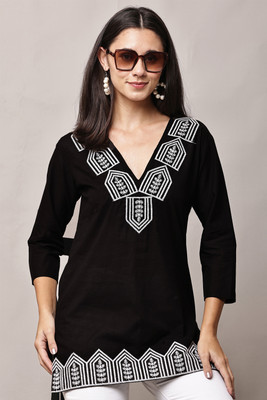 FIRE FIGURE Casual Geometric Print Women Black Top