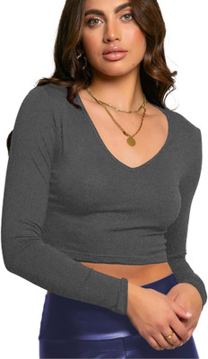 THE BLAZZE Casual Solid Women Grey Top