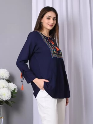 VYMO Casual Embroidered Women Blue Top