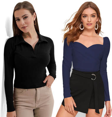 NAVYANKAA Casual Solid Women Dark Blue Top