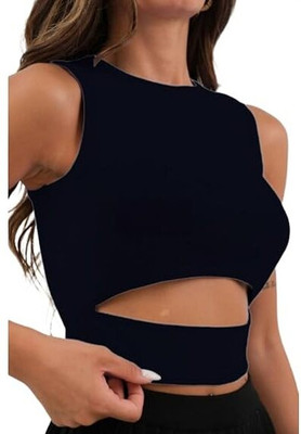 DEALZONE Party Self Design, Solid Women Black Top