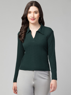 ENZ Casual Solid Women Dark Green Top