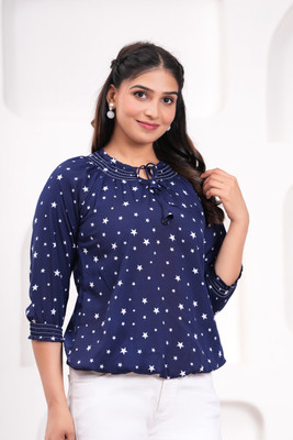 Pittra4ever Casual Printed Women Dark Blue, White Top