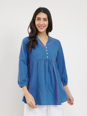 Pink Fort Casual Striped Women Blue Top