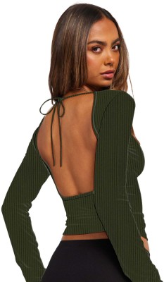 jovo Casual Self Design Women Dark Green Top