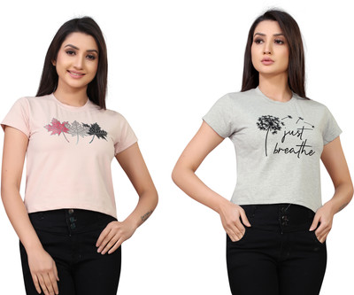 Tween Trends Casual Graphic Print Women Grey, Pink Top