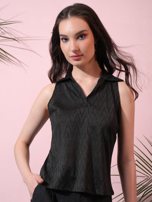 Tokyo Talkies Casual Self Design Women Black Top