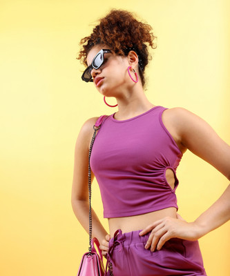 Tokyo Talkies Casual Solid Women Purple Top