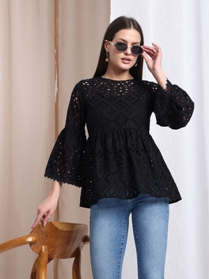 HouseOfCommon Party Self Design Women Black Top