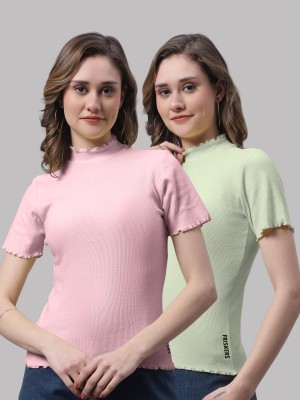 FBAR Casual Self Design Women Pink, Light Green Top
