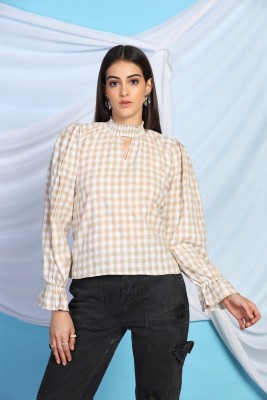 Leriya Fashion Casual Checkered Women Beige Top