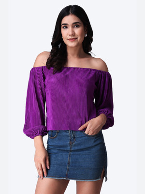 POPWINGS Casual Self Design Women Purple Top