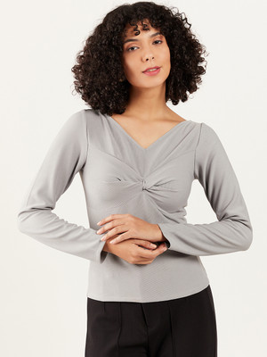 ATHENA Casual Solid Women Grey Top