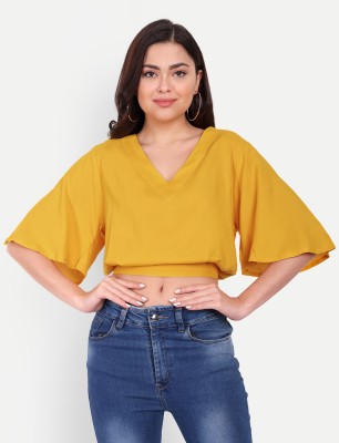 HANUMNTRA Casual Half Sleeve Solid Women Yellow Top