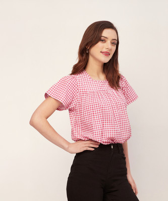 moomaya Casual Checkered Women Pink, White Top