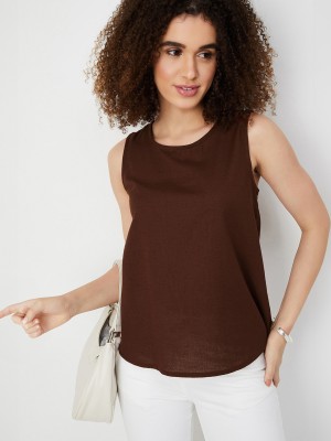 MAX Casual Solid Women Brown Top