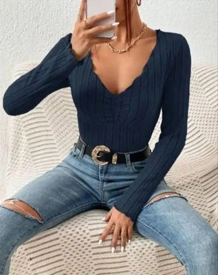 Sovi fashion Casual Self Design Women Dark Blue Top