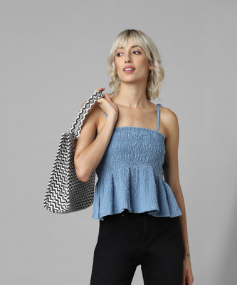 ONLY Casual Self Design Women Blue Top