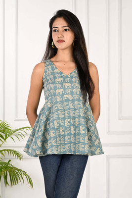 REAM Casual Printed Women Light Blue Top