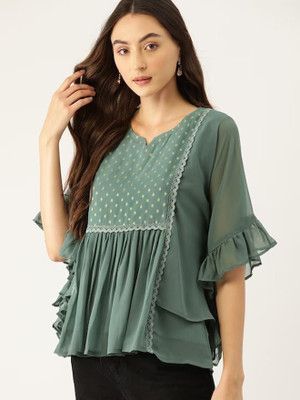 All Yours Party Embellished, Self Design Women Green Top