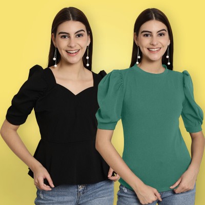 METRONAUT Casual Solid Women Green, Black Top