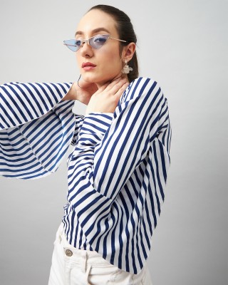 Chimpaaanzee Casual Bell Sleeve Striped Women Dark Blue Top