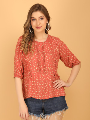 vechii Casual Printed Women Orange Top
