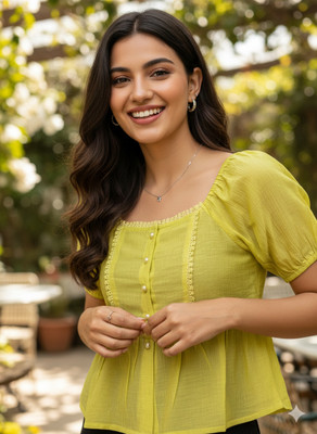 QUINTESSENTIALS Casual Self Design Women Green Top