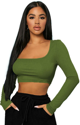THE BLAZZE Casual Solid Women Dark Green Top