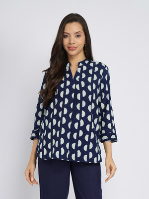 Pink Fort Casual Printed Women Dark Blue, White Top