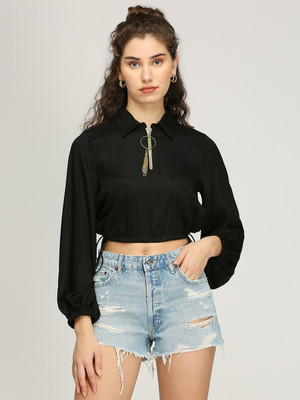 IZEL Casual Solid Women Black Top