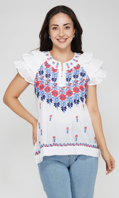 VAHSON Party Ruffled Sleeve Embroidered, Ethnic Motifs, Self Design Women Multicolor Top