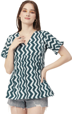 moomaya Casual Checkered, Printed Women Green Top