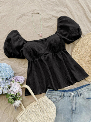 GUSAIJI FASHION Casual Self Design Women Black Top