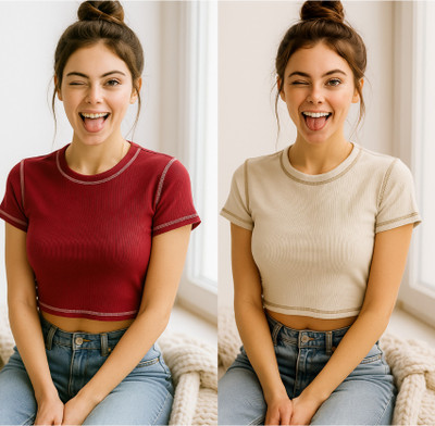 Crezystyl Casual Self Design Women Maroon, Beige Top