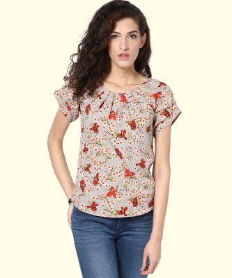 HARPA Casual Short Sleeve Floral Print Women Grey Top