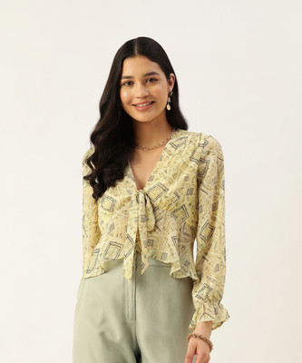 SLENOR Casual Printed Women Yellow Top