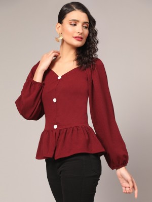 PRAYOMA ENTERPRISE Casual Solid Women Maroon Top