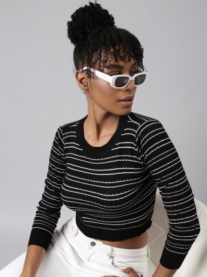 Showoff Casual Striped Women Black Top